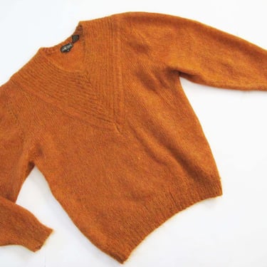 Vintage 80s Grunge Mohair Blend Sweater S M  - 1980s Copper Orange Fuzzy V Neck Pullover Jumper - Earth Tone 
