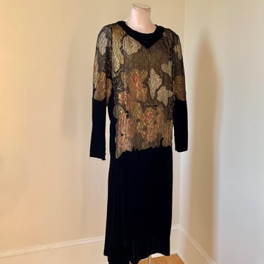 1920s Silk Velvet with Gold, Silver & Copper Woven Lame' Floral on Sheer Netting - Asymmetrical Flaring Side Skirt - Size Small to Medium 