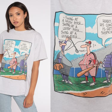 In the Bleachers Shirt 90s Baseball Comic Tshirt Swing a Lousy Pitch Funny Shirt Vintage Graphic T shirt Grey Sports Joke Large 