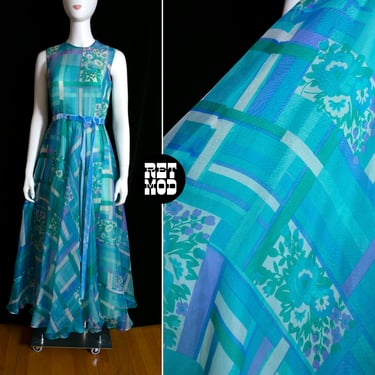 WOWZA Vintage 60s 70s Blue Green Geometric Floral Print Maxi Dress with FULL SKIRT 