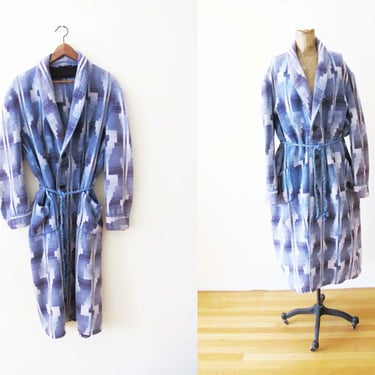 Vintage 40s 50s Blue Beacon Blanket Robe  - Southwestern Brent Beacon House Robe with Belt - Duster Coat  Shawl Collar  Geometric Diamond 