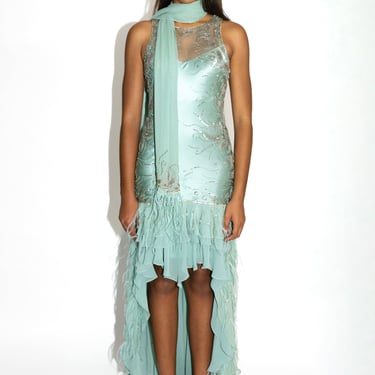 Sue Wong Mint Green Beaded Silk Satin Feather Dress