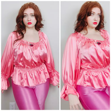1980s Vintage Anna Konya Pink Poly Silk Peasant Blouse / 80s Romantic Victorian Off Shoulder Florette Top / One Size 