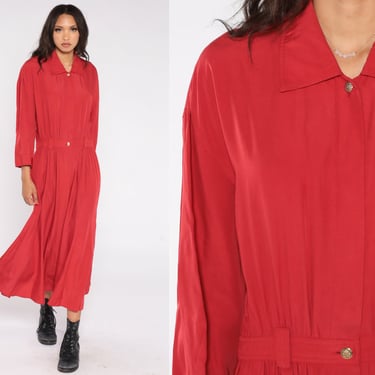 Red Button Up Dress Midi Dress 90s Shirtdress Plain Vintage 1990s Long Sleeve Collared Low Waist Dress Secretary Dress Solid Medium 8 