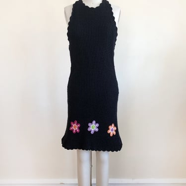 Black Halter-Style Crochet Dress with Floral Details - 1990s 