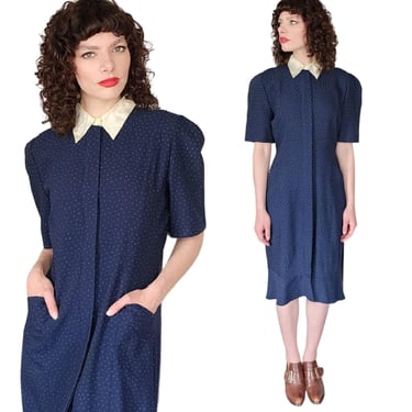 Vintage 80s Krizia Dress Navy Blue White Micro Dot Print White Collar 