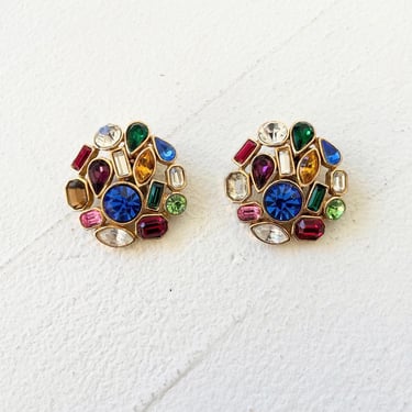 1990s Rainbow Gemstrone + Metal Clip On Earrings 