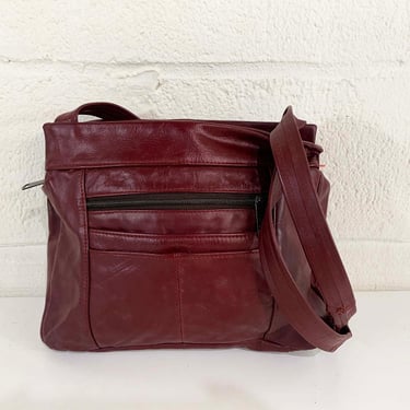 Vintage Maroon Faux Leather Shoulder Bag Bucket Purse Handbag Minimalist Small Vinyl Burgundy 1980s 80s 