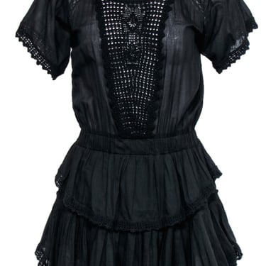 LoveShackFancy - Black Cotton Drop-Waist Ruffle Mini Dress Sz 0
