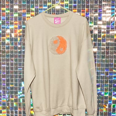 Tufted Beige Crewneck Sweatshirt, orange beige yin-yang, handmade gift 