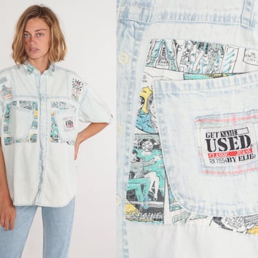 Comic Book Shirt 80s Stone Wash Denim Button up Shirt Patch Print Get Used By Elie Jean Blue Jean Short Sleeve Top Vintage 1980s Large L 