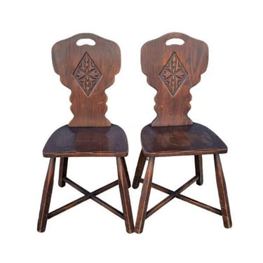 2 Brutalist Antique Arts and Craft Style Oak Dining Chairs 