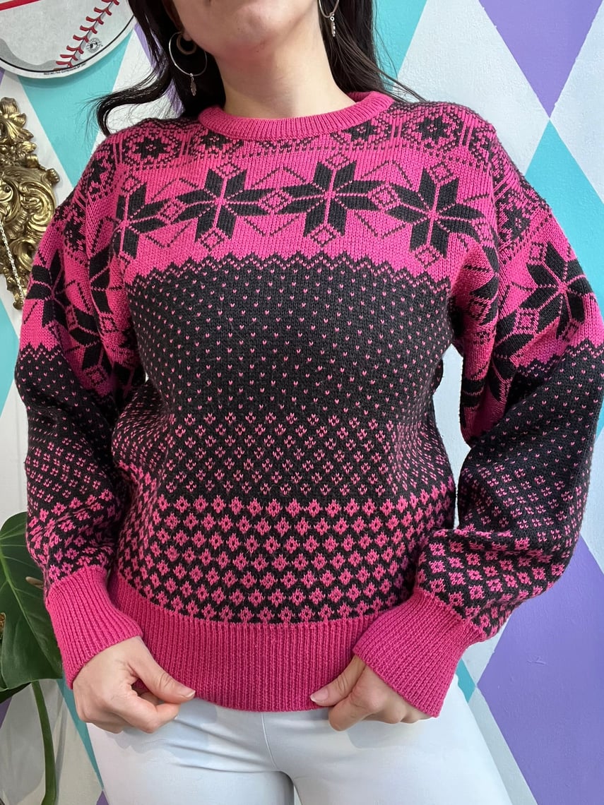 80’s 90’s Black Metallic Red Green Rose Sweater M by Village Fair