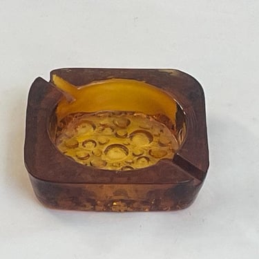 Vintage Blenko Style Amber Bubble Glass Ashtray - Heavy Thick Glass - 1970s - Great Shape! 