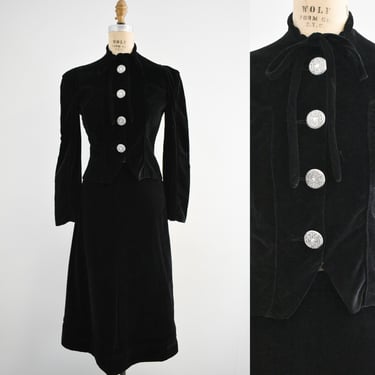 1930s/40s Louise Mulligan Black Velveteen Skirt Suit 