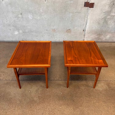 Vintage Drexel Set of Two Walnut Side Tables with Cane Inlays