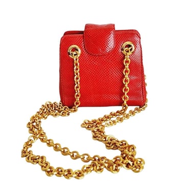 Vintage 90s Judith Leiber Bag Red Lizard Leather Gold Minaudiere 