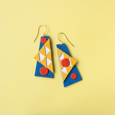 Geometric Patchwork Earrings in Blue / Mustard - Lightweight Reclaimed Leather Statement Earrings 