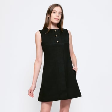 XS 60s Mod Black Wool A Line Mini Dress | Vintage Minimalist Sleeveless Button Front Shift Pocket Party Dress 