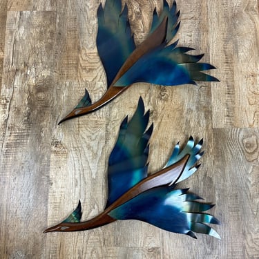 Set of 2 Large Vintage 1970s Teak and Brass Copper Flying Geese Hanging Wall Sculptures 