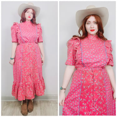 1980s Vintage Stage West Calico Two Piece Prairie Set / 80s Cotton Ruffled Blouse and Button Up Pink Western Skirt / Size Large 