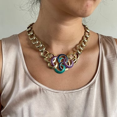 90s chunky chain choker collar necklace / vintage gold tone chain link art nouveau pastel enamel statement fairy queen necklace 