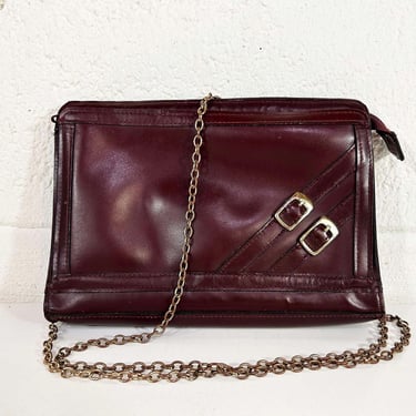 Vintage Maroon Leather Shoulder Bag Purse Handbag Burgundy Merlot Bow Envelope Crossbody Clutch Chain Strap Evening 1980s 1970s 