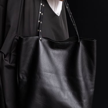 Black Studded Strap Leather Tote Bag