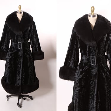 Late 1960s Mod Black Persian Lamb Style Faux Fur Long Sleeve Button Up Belted Penny Lane Princess Coat -M 