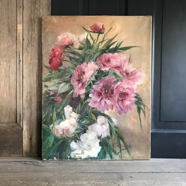 19th C French Floral Oil Painting, Peonies, Still Life, Unframed, Signed 