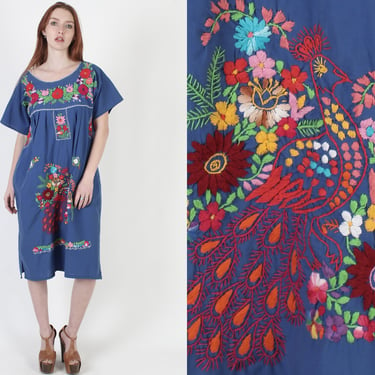 Royal Blue Mexican Peacock Midi Dress, Bright Floral Embroidered Bird Shift, Summer Fiesta Authentic Mexico Cover Up 