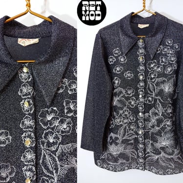 Plus Size Sparkly Vintage 60s 70s Black Silver Lurex Metallic Thread Collared Long Sleeve Shirt with Floral Border Print 