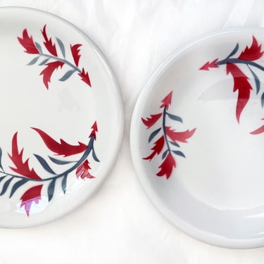 ART DECO Russel Wright Artist Restaurant Ware Sterling China Pink & Gray Leaves, 10" Dinner Plates, White Ceramic Vintage 1930's, 1940's 