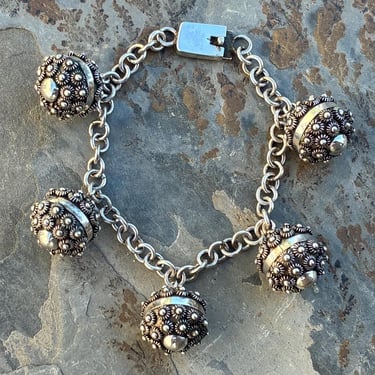 Vintage Mexico Sterling Silver Round Studded Globe Midcentury Sputnik Charm Bracelet - 7 Inches 