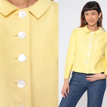 Yellow Cropped Blazer Jacket 60s Mod Button up Jacket Pointed Flat Collar Jackie O Preppy Spring Mad Men Suit Jacket Vintage 1960s Small S 