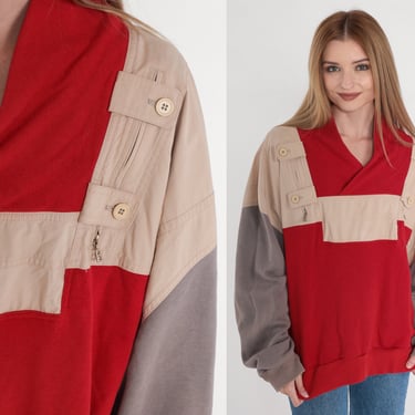 80s Sweatshirt Cargo Pocket Pullover Sweatshirt Red Beige Taupe Color Block V Neck Sweater Retro Buttons West Germany Vintage 1980s Large L 