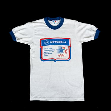 Vintage 1984 Olympics Motorola Ringer T Shirt - Extra Small | 80s White Blue USA Graphic Fitted Tee 