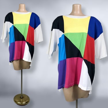 VINTAGE 80s 90s Oversized Geometric Color Block Tunic T-Shirt by Extra Touch | 1980s 1990s Aesthetic Boxy Shirt Dress | vfg 