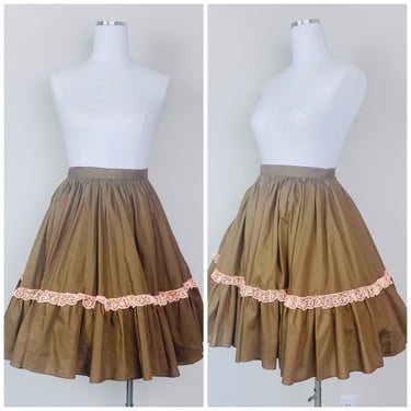 1970s Vintage Brown Cotton Homemade Square Dance Skirt / 70s / Lace Trim High Waisted Western Circle Skirt / Size Medium 