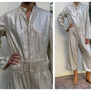 70s Lurex Jumpsuit / Gender Neutral Coveralls / Zip Front Hostess Silver Shiny Jumpsuit / One Piece Party Outfit / NYE New Years Eve Harem 