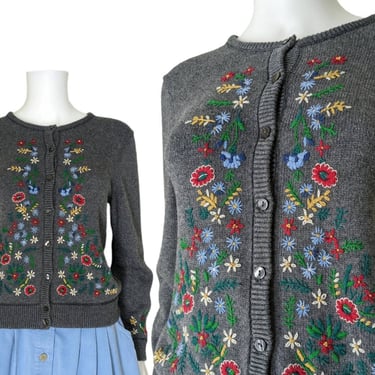 Vintage Embroidered Sweater, Medium / Multi Color Floral Embroidered Button Sweater / 90s Bavarian Style Gray Cardigan with Colorful Florals 