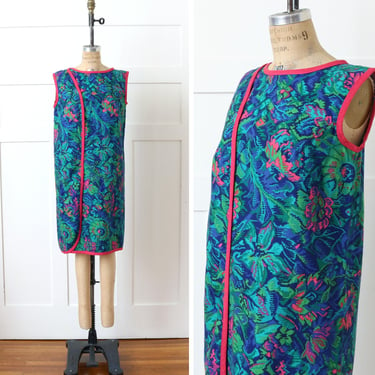 vintage 1960s shift dress • bright abstract floral sleeveless wrap cover-up loungewear dress 