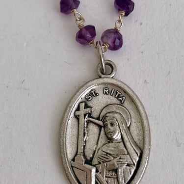 Saint Rita Medal Italy on Amethyst Beaded Silver Chain 