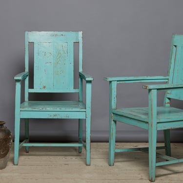 Pair of Blue Painted Dutch Colonial Teak Lounge Chairs from Java