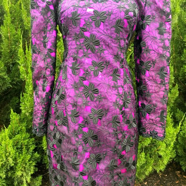 1980s Patricia Rhodes Purple Satin Dress with Black Lace Overlay 