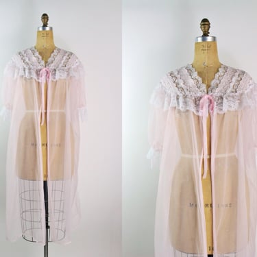 80s Sheer Pink and White Lace Robe / White Ruffles / One size 
