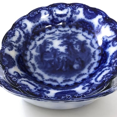 Flow blue transferware soup or serving bowl, Antique English china dishes, S H & S Valencia, Romantic landscape c.1900 