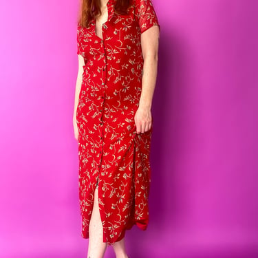 1990s Red Silk Floral Midi Dress, sz. Medium