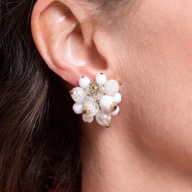 Lovely Vintage 50s 60s White AB Beaded Cluster Clip-On Earrings 