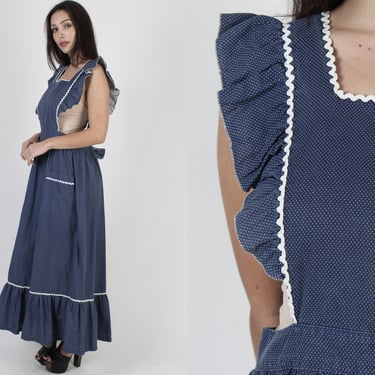Polka Dot RicRac Rustic Style Pinafore Dress / 70s Country Apron Dress / Americana Folk Navy Prairie Maxi Dress 